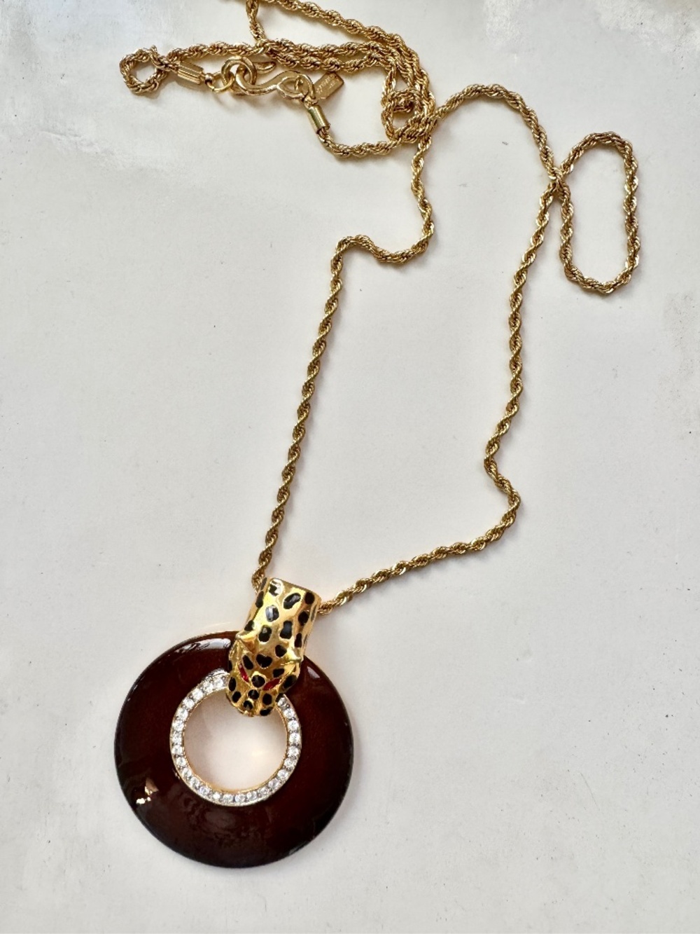 Kenneth Jay Lane long gold panther necklace crystal rhinestones & ruby red eyes